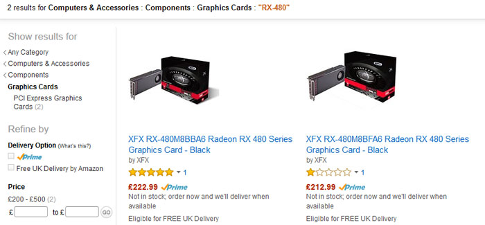 XFX RX 480 Radeon graphics cards listed 