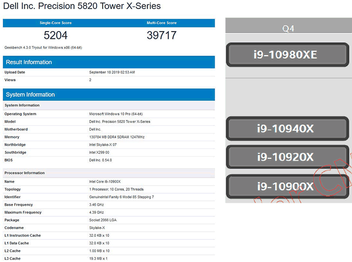 Intel Core i9-10900X and i9-10980XE Processor Appears on Geekbench