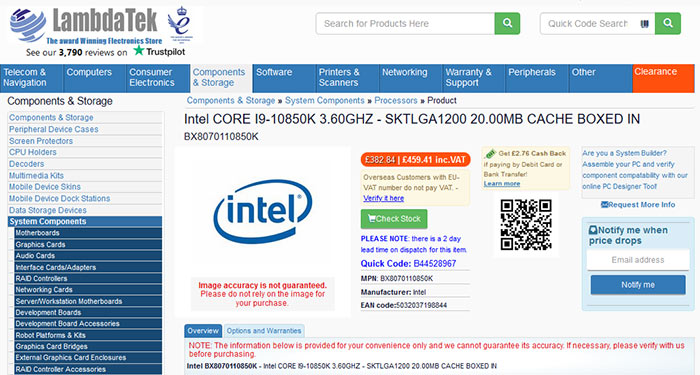 Intel Core i9-10850K (10C/20T) appears at retailers - CPU - News