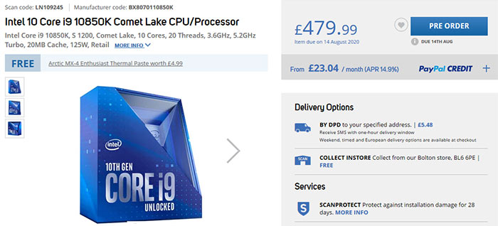 Intel Core i9-10850K goes official, up for pre-order in UK at £480