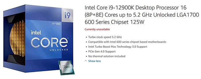 Intel Core i9-12900K Desktop Processor 16 (8P+8E) Cores Up to 5.2 GHz  Unlocked